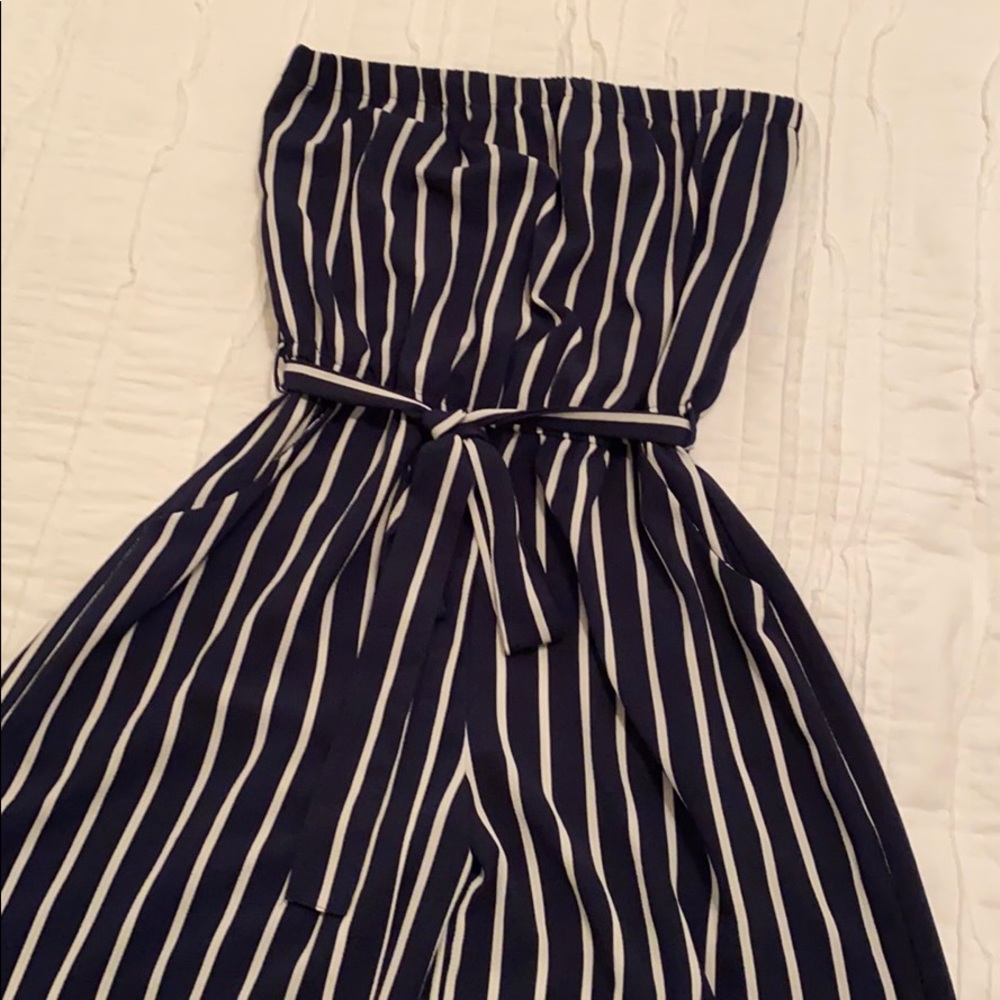 Navy and White Stripe Strapless Jumpsuit